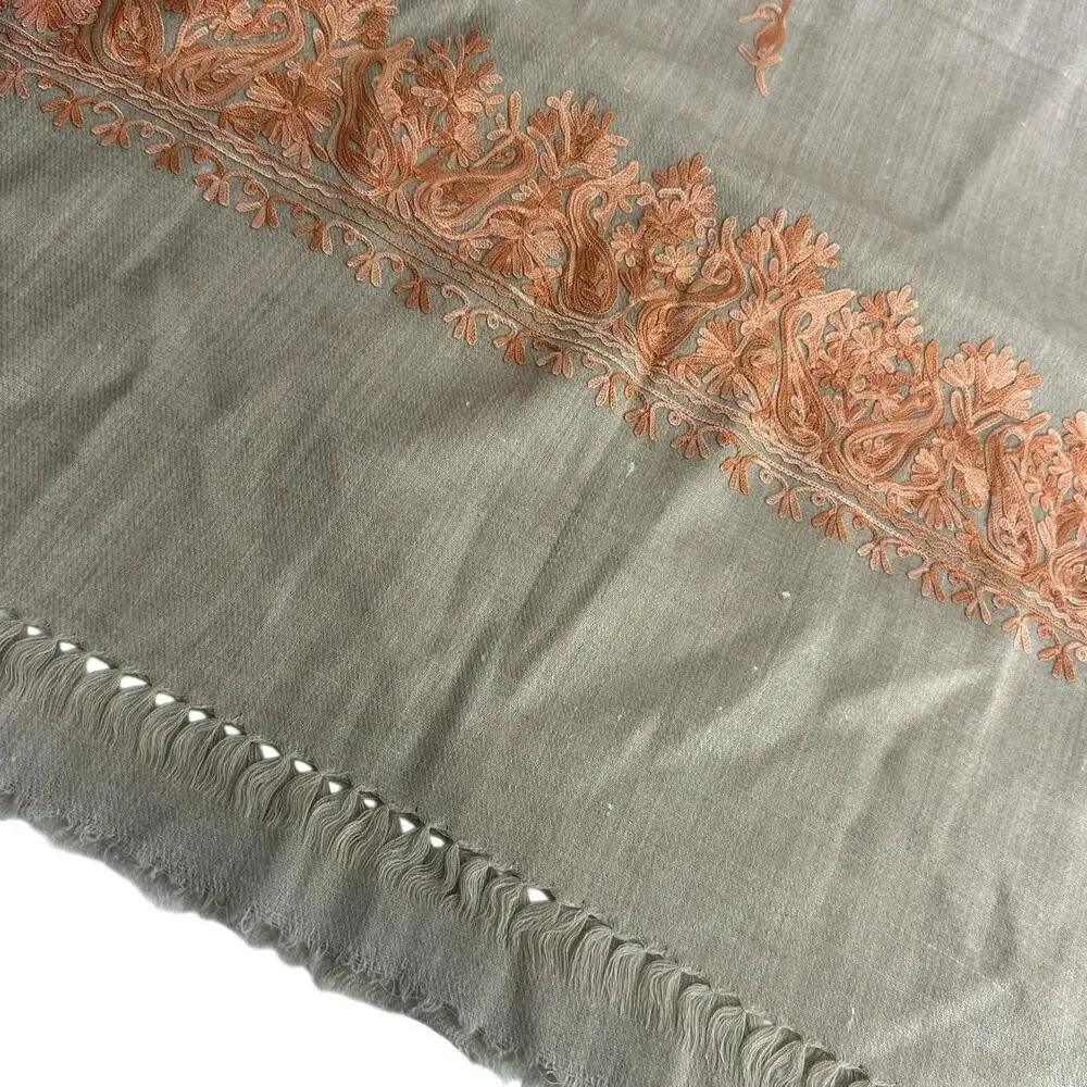 kashmir beige silk embroidered shawl wrap Damage 26 X 76 In